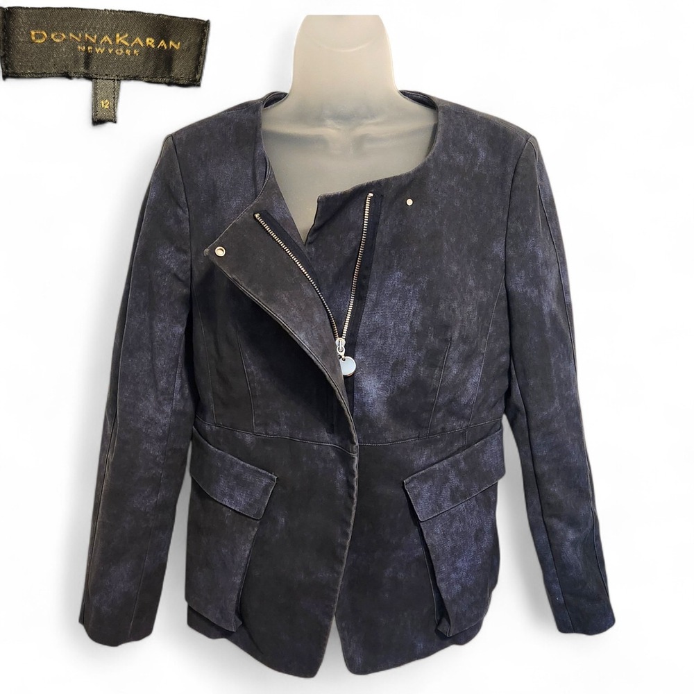 DONNA KARAN NEW YORK Indigo Blue Asymmetrical Zip Blazer Jacket Size 12